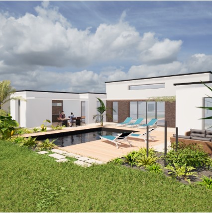 Rendu 3D d’une maison contemporaine avec piscine