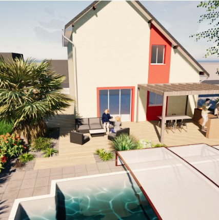 Rendu 3D d’une terrasse avec bassin