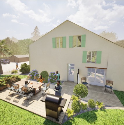Rendu 3D d’un jardin familial avec terrasse