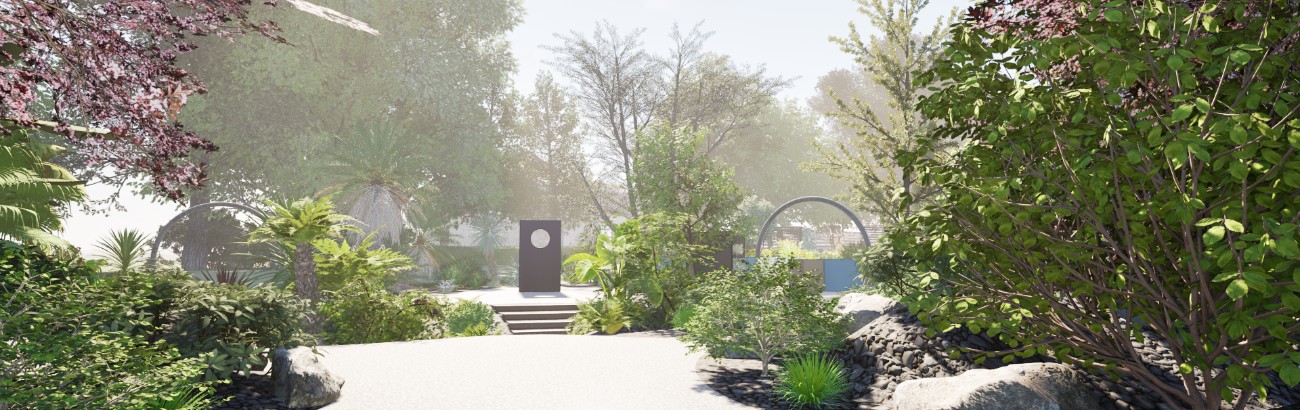 Rendu 3D d’un jardin boisé avec allée minérale