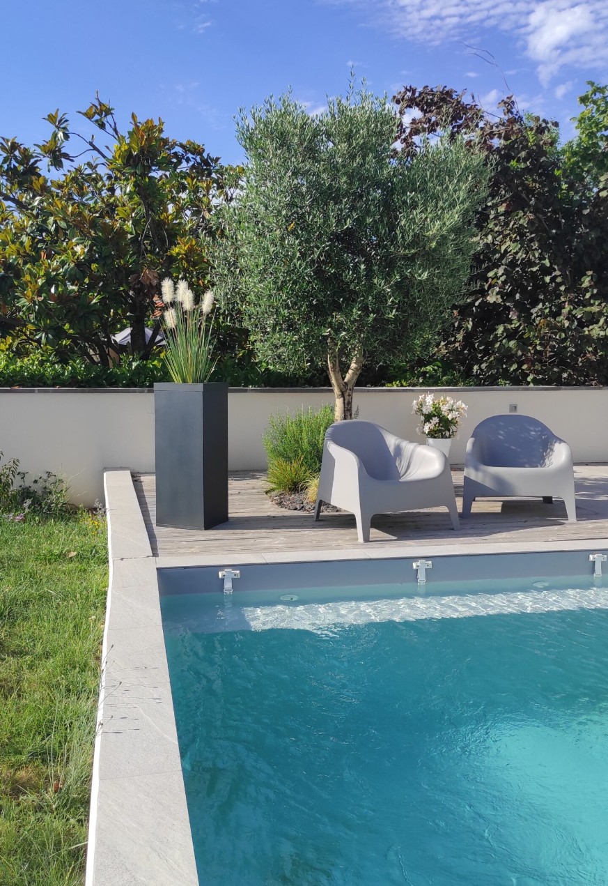 Piscine avec plage minérale, olivier et salon de jardin