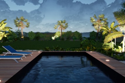 Rendu 3D d’une piscine au crépuscule entourée de palmiers