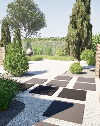 Rendu 3D d’un jardin minéral avec cyprès et dalles