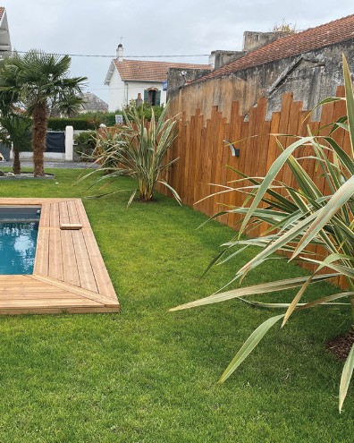 Jardin avec palmiers, graminées et clôture en bois